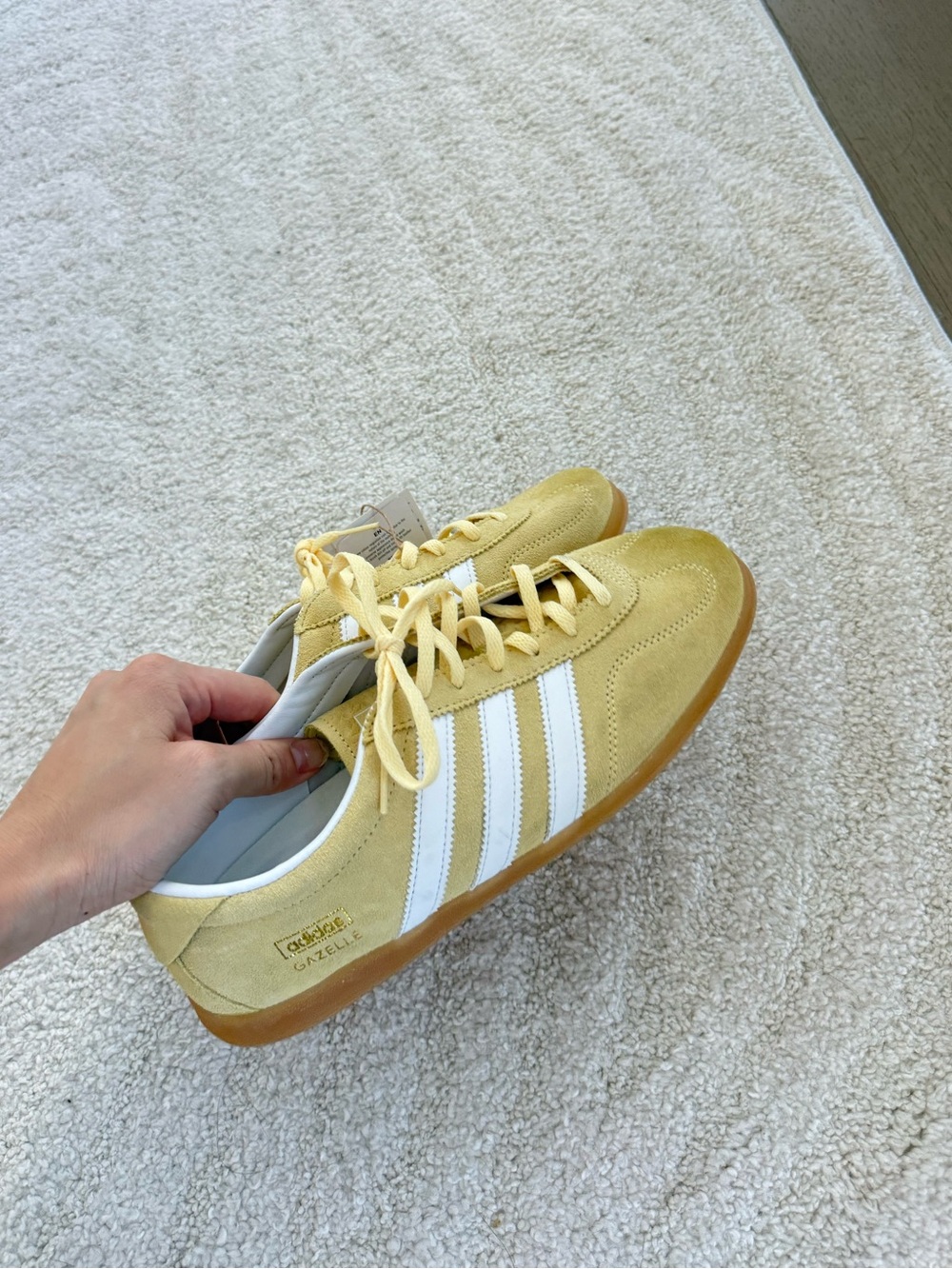 adidas Yellow Suede Sneakers with White Stripes - Picture 1 of 5